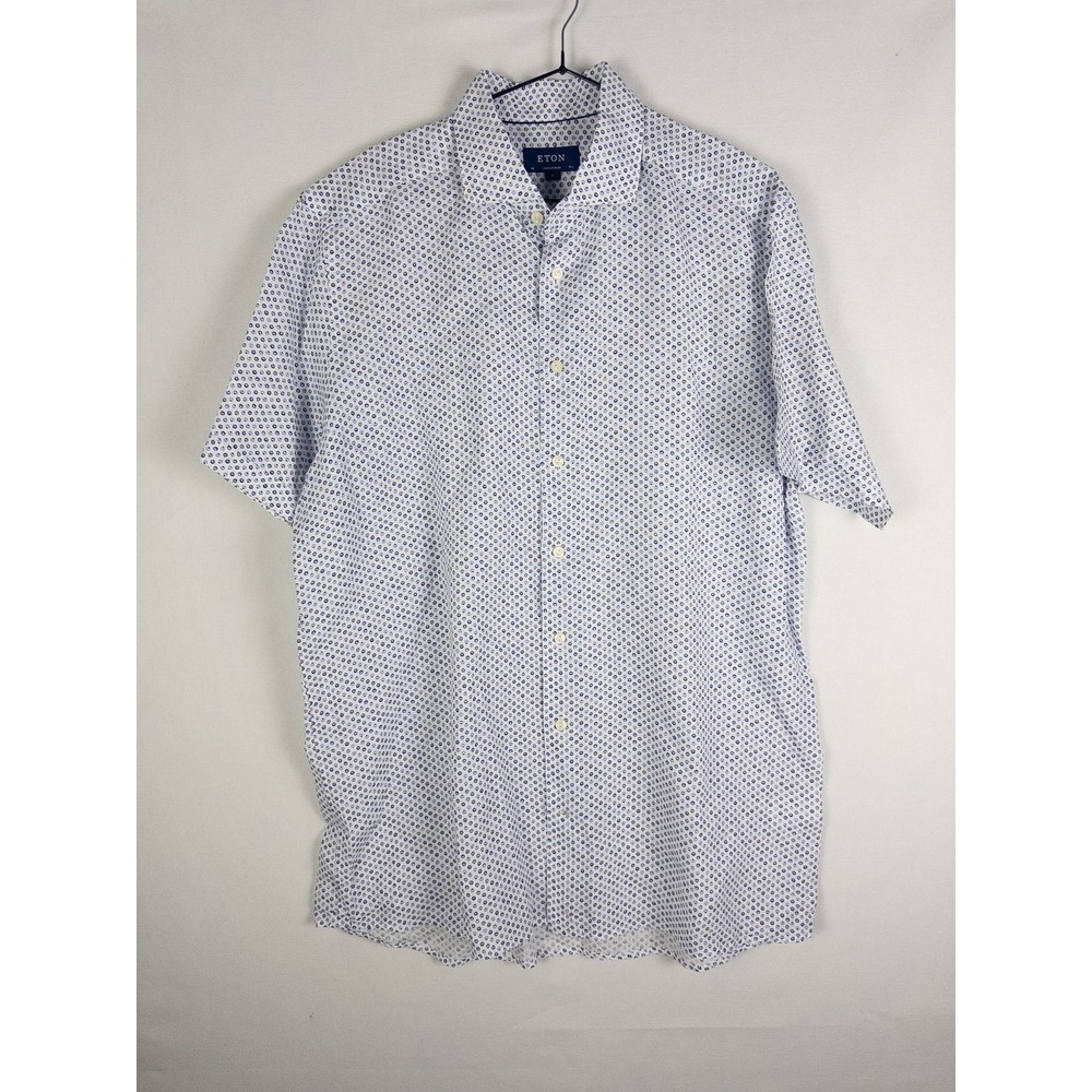 Eton Contemporary Mens XL 44 100% Linen Short Sleeve Shirt Blue Geo Print